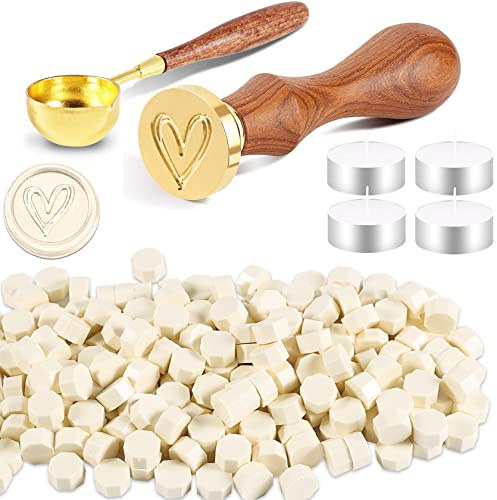 Foonii Juego de 200 cuentas de cera para sellar con 1 sello, 1 cuchara de fundición, 4 velas de té, juego de cuentas de lacre para sobres, invitaciones, tarjetas, regalo (corazón, blanco oscuro)
