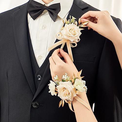 Serwalin Champagne Rose Corsage and Boutonniere Set, 2 Pcs Boutonniere and Wrist Corsage Wristlet Prom Flowers Wedding Ceremony Party Accessories Suit Decorations