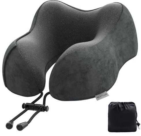 Nackenkissen Flugzeug, Reisekissen Auto Travel Pillow aus Memory Foam mit samtweichem Bezug, Nackenhörnchen Erwachsene für Reisen, Camping, Büro und Haus (Dunkelgrau)