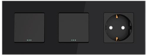 PULSAR Steckdose mit Doppelschalter Unterputz Schwarz Glas, Kombination 3-Fach aus Doppelschalter und Schuko-Steckdose 16A mit 4mm Glasrahmen