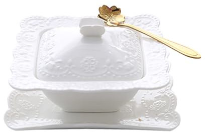 BURLOE Pot à Soupe en céramique Bol à Soupe soupière soupière Tasse, 3 pièces soupière en Porcelaine avec Couvercle de Soucoupe cuillère,Blanc