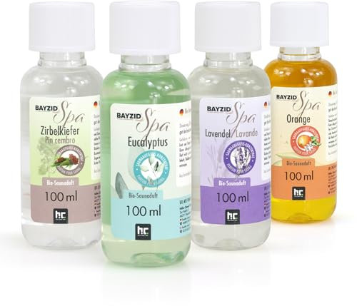 BAYZID® SPA Set de parfums bio pour sauna 4x100ml - différents concentrés de parfums pour sauna - pour le bien-être et la détente