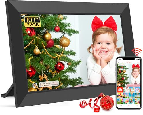 Frameo WLAN Digitaler Bilderrahmen 10,1 Zoll, HD 1280 * 800 IPS Touchscreen Elektronischer FotoRahmen mit 32GB Speicher, Auto Drehung, Einfache Weitergabe von Fotos Videos über Frameo App