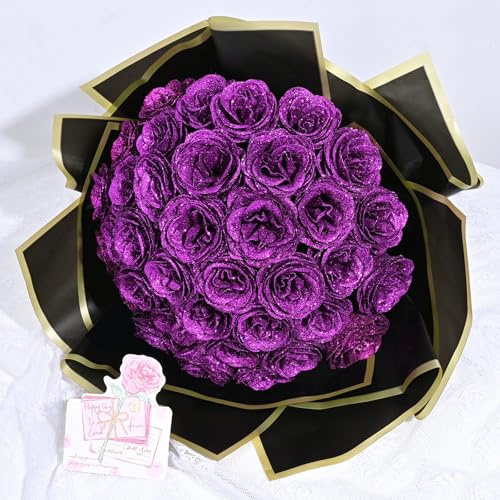Waipfaru Glitter-rosbukett, gör-det-själv-falska glitterblombukett, evig glänsande konstgjord rosbukett, årsdag, förlovning, bröllop, 24 rosor