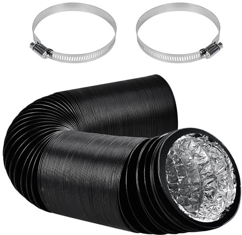 Conduit d'air flexible en aluminium PVC de 100 mm, 5m tuyau d'aération de sécheuse, tuyau d'évacuation PVC noir pour hotte, 4 couches avec 2 colliers de serrage en acier inoxydable