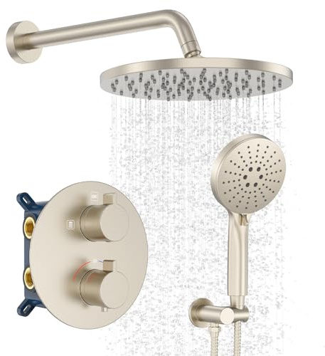 Iriber Thermostatic Shower System Wall Mount with 10 Inch Roud Rainfall Shower Head and Handheld,Shower Faucet Mixer Trim Kit (Valve Included),Brushed Nickel