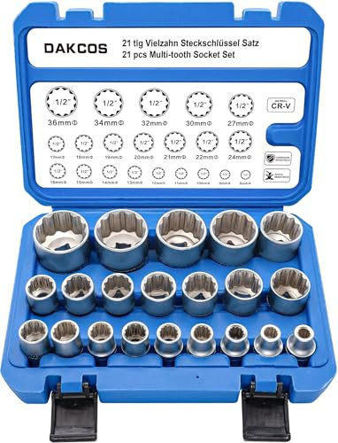 DAKCOS 1/2 Juego de 21 Llaves de Vaso Multidiente Vasos 12 caras, 8-36mm, CR-V con Superficie Cromado Mate