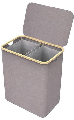 Cesto de Ropa Sucia de Bambú con Tapa y Asas - 1 o 2 Departamentos - Plegable, Bolsa Interior Lavable a Máquina - Solución Elegante y Práctica para la Lavandería cubo 150L (Tela 2 Departamento Gris)