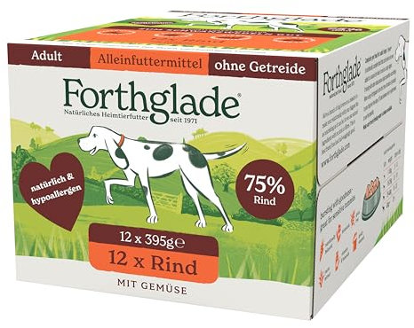 Forthglade Nassfutter für Hunde (12 x 395g Schalen), hypoallergenes & getreidefreies Futter für ausgewachsene Hunde ab 1 Jahr, Hundefutter mit Rind & Gemüse für sensible Hundemägen