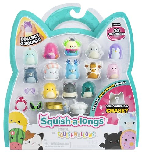 Squish-a-Longs Lot de 14 Mini-Squish de 2,5 cm de série 1, Wave 2 avec (4) Accessoires, (1) Anneau de Fixation et (1) Guide du collectionneur – Collectionnez, échangez et jouez