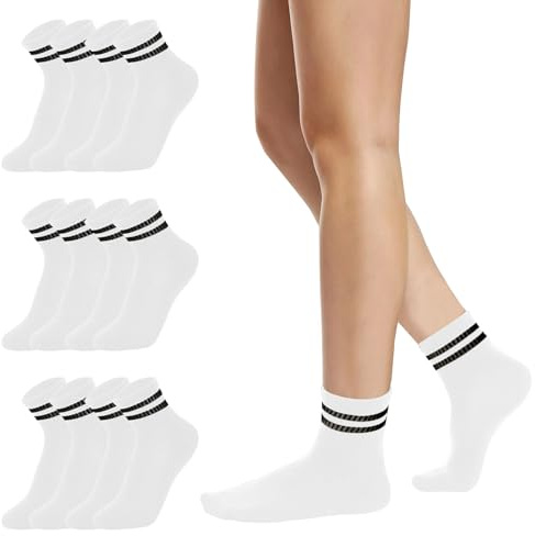 Risipu 6 Pairs Striped Crew Socks,Cozy Soft Ankle Cotton Socks for Women, Stylish Women's Casual Comfort Breathable Athletic Socks (UK, Alpha, One Size, Regular, Regular, 6 Pairs - White)