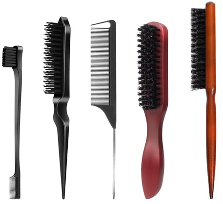 5 Pcs Slick Back Hair Brush Set - Smoothing Boar Bristle Brush for Hair and Beard - Backcombing and Sleek Styling
