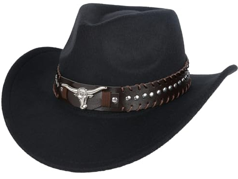 Western Cowboy Hat with Unique Bull Head Accessories Distressed Edged Outdoor Sun Protection Hat Wool Felt Multi Functional Unisex Cowboy Hat with Leather Strap and Vintage Design Occa