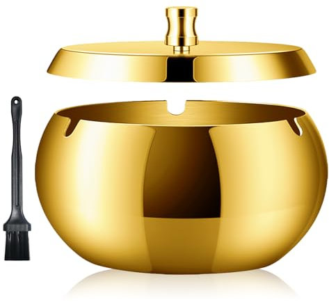 Geoyien posacenere da esterno, posacenere, Posacenere con spazzola di pulizia, antivento, inodore, lavabile, posacenere in acciaio inossidabile per soggiorno Giardini Uffici Balconi (Oro)