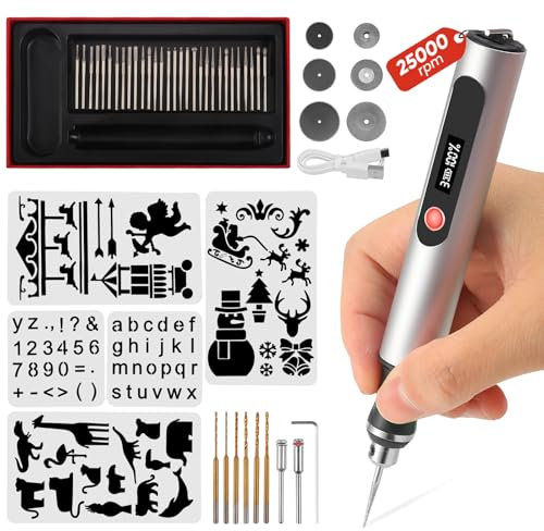 51PCS Elektrischer Gravierstift, USB Wiederaufladierbar Gravur Werkzeug Kit, 25,000 U/min Einstellbar, Kabellos Mini Gravierwerkzeugsatz mit Gravurzubehör für Schmuck Holz Stein Kunststoff Glas