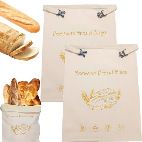 Sacs à pain à la cire d'abeille réutilisables, Sacs à pain en coton biologique en cire d'abeille pour levain fait maison 17 × 13, Sac de rangement de nourriture pour rester frais (2Pcs)