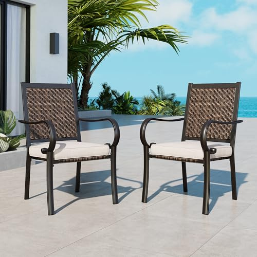 MFSTUDIO Garden Chair Set of 2, PE Rattan Balcony Chairs with 7 cm Waterproof Cushion, Weather Resistant, Outdoor Wicker Chairs Set for Patio, Porch, Balcony, Poolside