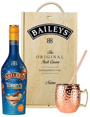 Personalised Baileys Terrys Chocolate Orange Irish Cream Liqueur Gift Set – 50cl Bottle with Rose Gold Copper Mug & Straw | Custom Wooden Presentation Box | Luxury Cream Liqueur Gift
