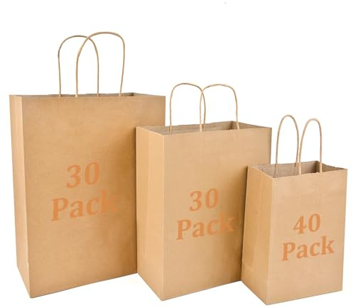 YFZYT 100 sacchetti di carta marrone con manici (mix di dimensioni: S + M + L) - piccoli sacchetti regalo per feste per bambini, matrimoni, compleanni