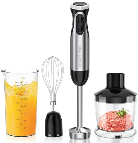 Bonsenkitchen Frullatore a Immersione 4-in-1, 1000W Mixer Elettrico con Regolazione della Velocità Progressiva, Piede in Acciaio Inox, Frusta, Tritatutto da 500 ml e Misurino da 700 ml, HB3203