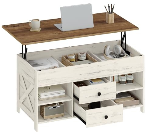 Hzuaneri Mesa de Centro Elevable, Mesa de Salón con 2 Cajones, 3 Compartimentos Ocultos, 4 Compartimentos Abierto, 50 x 100 x 45-61,3 cm, Blanco-Marrón CT22114B