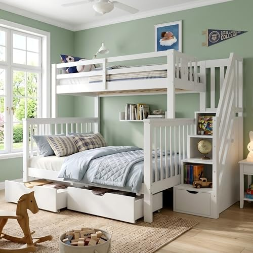 Miyemo Bunk Bed for Kids, Triple Sleeper Bed Frame with Storage Drawers & Storage Stair, Triple Bunk Beds for Family with Multiple Children, 90+135x190cm, White, (No Mattress)
