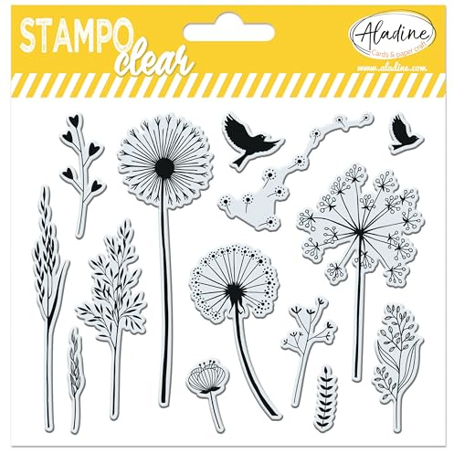 Aladine - Stampo Clear Graminées - 14 Tampons Transparents pour Scrapbooking, Carterie, Loisirs Créatifs - Fleurs, Herbes, Pissenlits, Plantes, Végétal, Oiseaux - 04222