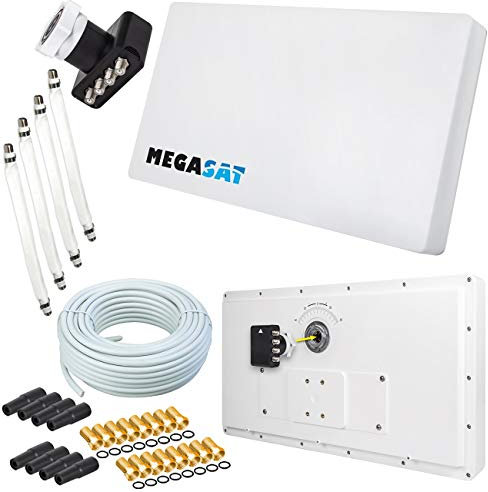 netshop 25 Megasat Flachantenne Profi Line H30 D4 Quad inkl. Fensterhalterung + 50m Kabel + 4X Fensterdurchführung. Neueste Generation mit besten Empfangswerten für HD und SD TV Set