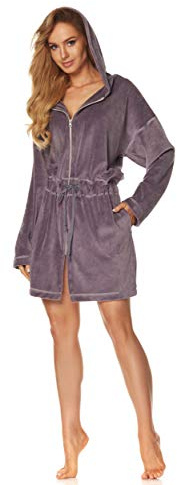 L&L - 9118 Peignoir avec Fermeture Eclair Peignoir Doux, Chaud et Court pour Femmes. Robe de Chambre Zippée à Capuche pour Femme. (Amethyst, Small)