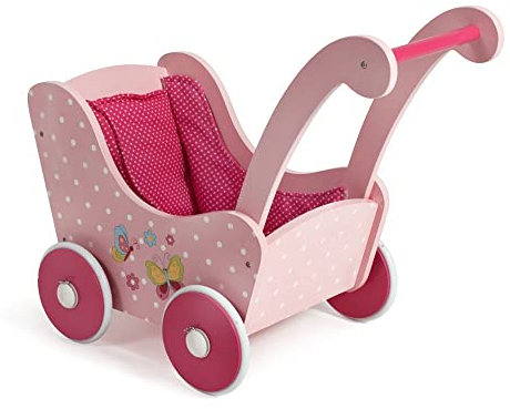 Holzpuppenwagen für Baby-Puppen bis 54 cm, Puppenwagen aus Holz, Schiebehöhe 43 cm