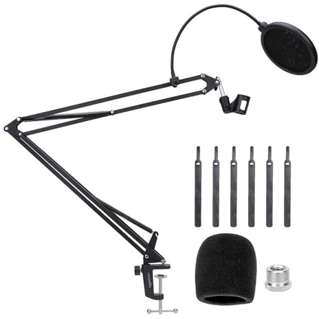 Amazon Basics Verstellbarer Mikrofonarmständer mit Popfilter und Schaumstoff-Windschutz, Tischklemme, 360° Rotation, kompatibel mit Blue Yeti, Snowball, HyperX, 48.2 cm (19 Zoll), Schwarz