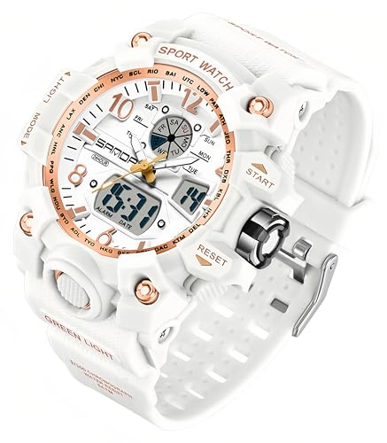 Gosasa Womens Digital Sports Watch 5ATM Waterproof Watch LED Light Large Face Analog Multifunctional Wrist Watches with Alarm Stopwatch Calendar Hourly Chime (A White Rose Gold)