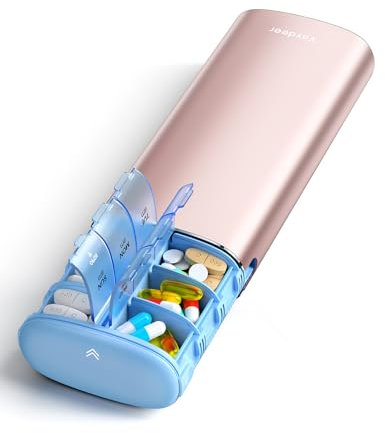 VAYDEER Pilulier hebdomadaire en métal résistant à l'humidité avec déshydratant, sans BPA, portable pour vitamines et tablettes (or rose, grande taille deux fois par jour)