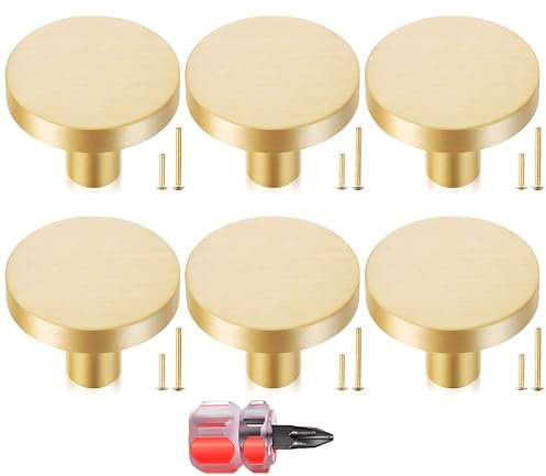 Nokwocy 6 Stück Runde Schrankknöpfe,Schrankgriffe Gold,Möbelknöpfe Matt,Knöpfe für Schränke mit zwölf Schrauben und einem Schraubendreher,Goldene Knöpfe Griffe,Knauf für Schrank