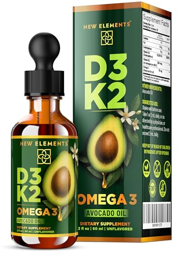 New Elements Liquid Vitamin D3 + K2 Drops 10,000 IU with Omega-3 – High Absorption for Bone, Immune & Heart Support | Pure Avocado Oil Base | Non-GMO – 2 fl oz (60 ml)