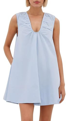 Lenader Women's Sleeveless Babydoll Tank Mini Dress Scoop Neck Ruched Bubble Dress with Pockets Short Summer Party Dresses