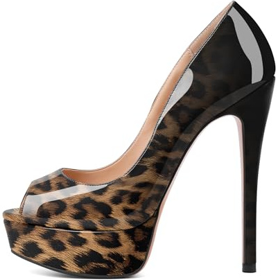 EDEFS Escarpins Femme Bout Rond et Bout Ouvert Talons 15 cm Plateforme Stilettos Polyvalence Travail Soirée Noir Léopard EU38
