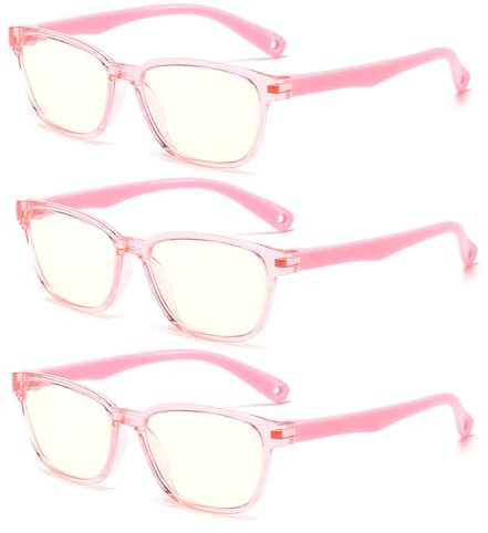 Teumire TR90 Kids Blue Light Glasses Clear Lens Glasses for Girls Rubber Anti-Slip Eyeglasses 3 Pack(Transparent Pink*3)