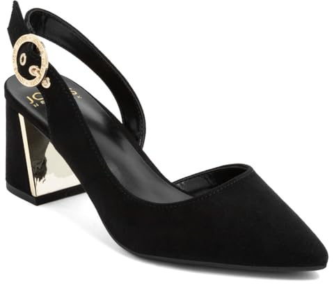 Jones New York Women's Slingback Block Heel Pumps – Pointed Toe Dress Shoes with Gold Buckle – Comfortable Mid Heel for Office, Party, or Evening Wear-Black Size 7.5