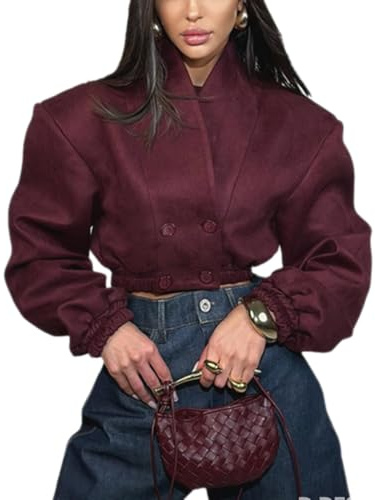RISCUYY Crop Jackets for Women Button Waist Cinched Stand Collar Long Sleeve Retro Elegant Cropped Bomber Jackets for Women