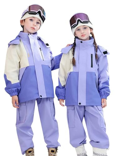 Tuta da sci per bambini, con giacca e pantaloni in pile, per l'inverno, per lo snowboard, caldo, unisex, set da tre pezzi (viola, 4-5 anni)