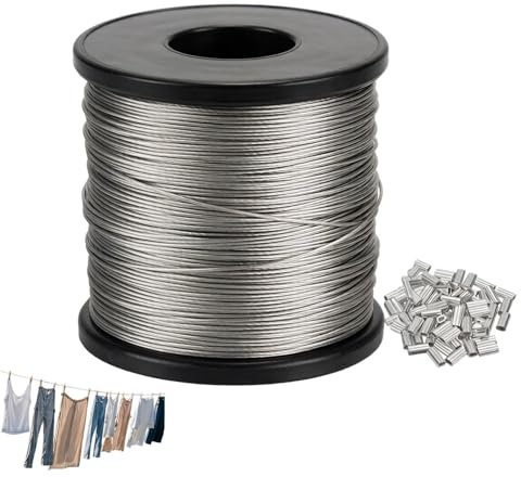 30m Metallkabel 1mm i rostfritt stål 304 med trådkärna och 20 monteringskapslar, Tvättlina, spännkabel för inhägnad, klätterväxter, ljusupphängning och projekt
