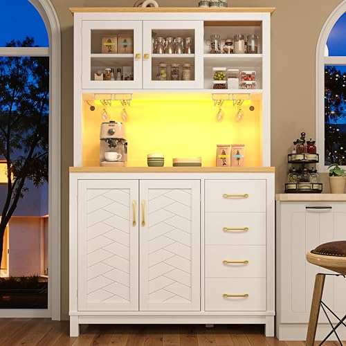 Huayz Mobile da cucina alto con LED e piano di lavoro, credenza con ripiani e cassetti, con 4 ante e portabevande, 140 x 40 x 185,7 cm