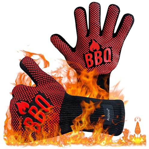 alenyk Guanti da Barbecue e da Forno con Resistenza al Calore Fino a 800°C, con Fodera in Cotone e Lungo Polsino, Accessori BBQ e Cucina Ignifughi per Griglia, Camino, Forno a microonde, 1 Paio