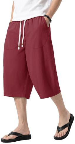 KEFITEVD Men's Shorts 3/4 Length Linen Loose Long Shorts Summer Casual Pants Elasticated Waist Beach Yoga Trousers with Pockets