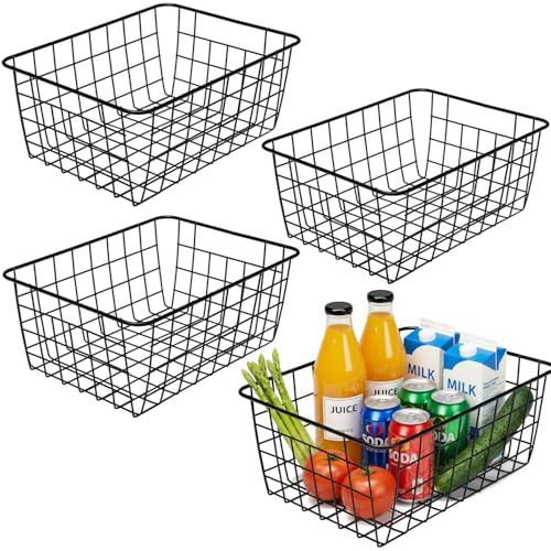 Aeggplant Kitchen Black Wire Baskets for organizing Farmhouse Decor Metal Food Storage Organizer, Household Storage BasketRefrigerator Bin with Handles for Cabinets,Pantry Set of 4 (Black)