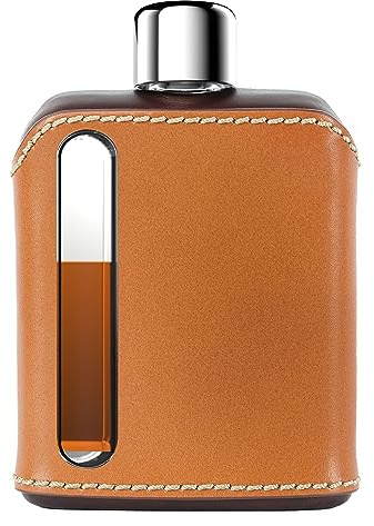 Ragproper Moderna fiaschetta in vetro, resistente rivestita in pelle, per whisky, liquori e altri liquori, ideale per uomini e donne (colpo singolo da 100 ml, pelle scura e marrone)