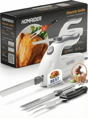 Homaider Electric Knife for Meat Slicing, Turkey, Carving Meat, Bread & More | Ergonomic Handle + 2 Carving Reciprocating Stainless Steel Blades and Serving Fork Included, 6 Foot Cord