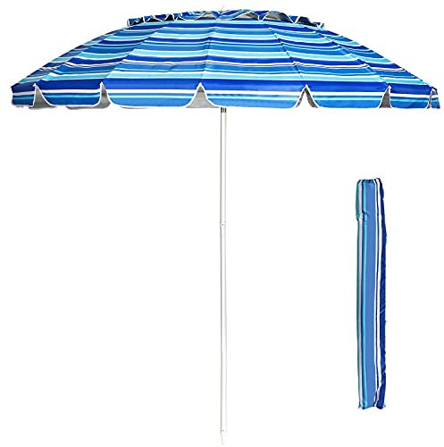 GIANTEX 243 cm Sonnenschirm, Strandschirm mit Verankerung, stabiler Gartenschirm Terrassenschirm, Marktschirm mit Schutzhülle, Schirm rund Sonnenschutz UV50+ (Blaue Streifen)