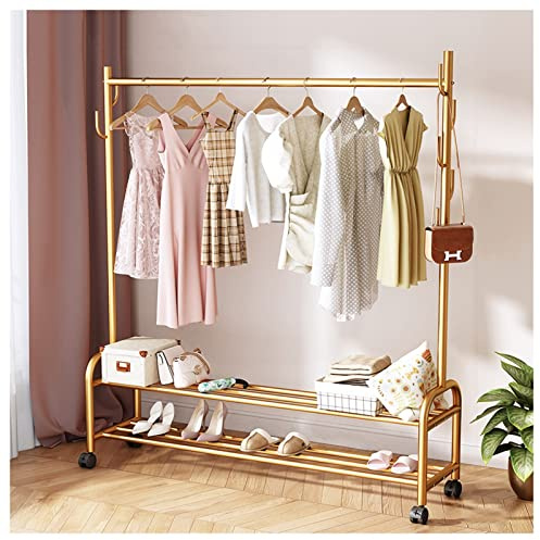 Mobilt Förvaringsklädställ Med Hjul Robust Hängskena Kraftställ I Metall Fristående Hängare Med 2 Nedre Hyllor (Color : Gold, Size : 120 cm)